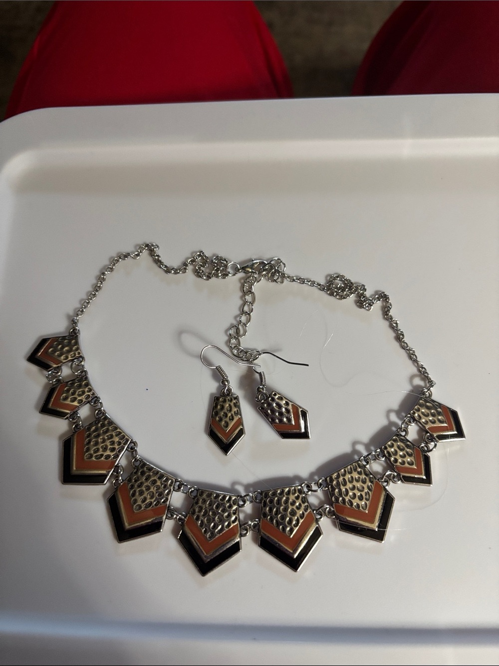Geometric Chevron Pendant Necklace & Earring Set in Black and Brown - Unbranded